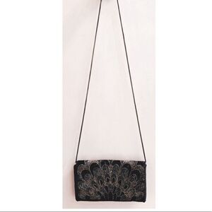 Black Fully Beaded Evening Shoulder Bag w Peacock Print